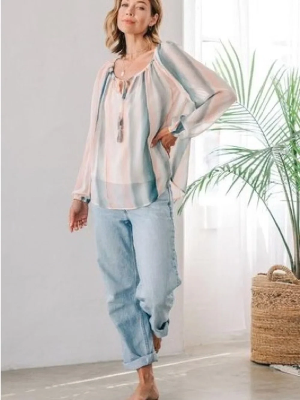 lovestitch Pastel Striped Sheer Blouse in Soft Blue and Pink - Picture 12 of 13